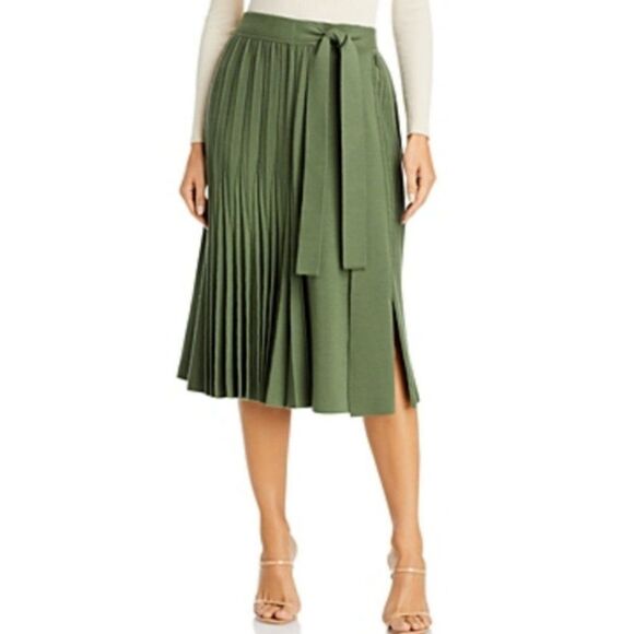 3.1 Phillip Lim Wool Blend Pleated Tie Waist A-Line Skirt in Army Green - Picture 6 of 11